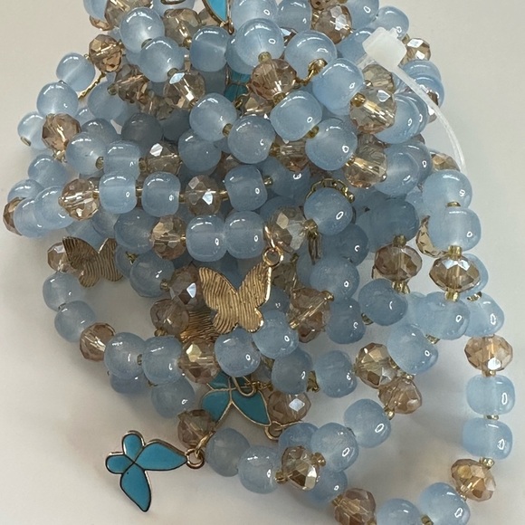 Blue Glass Bracelet With Blue Butterfly (1) Charm OSFM Brand New - Picture 2 of 2